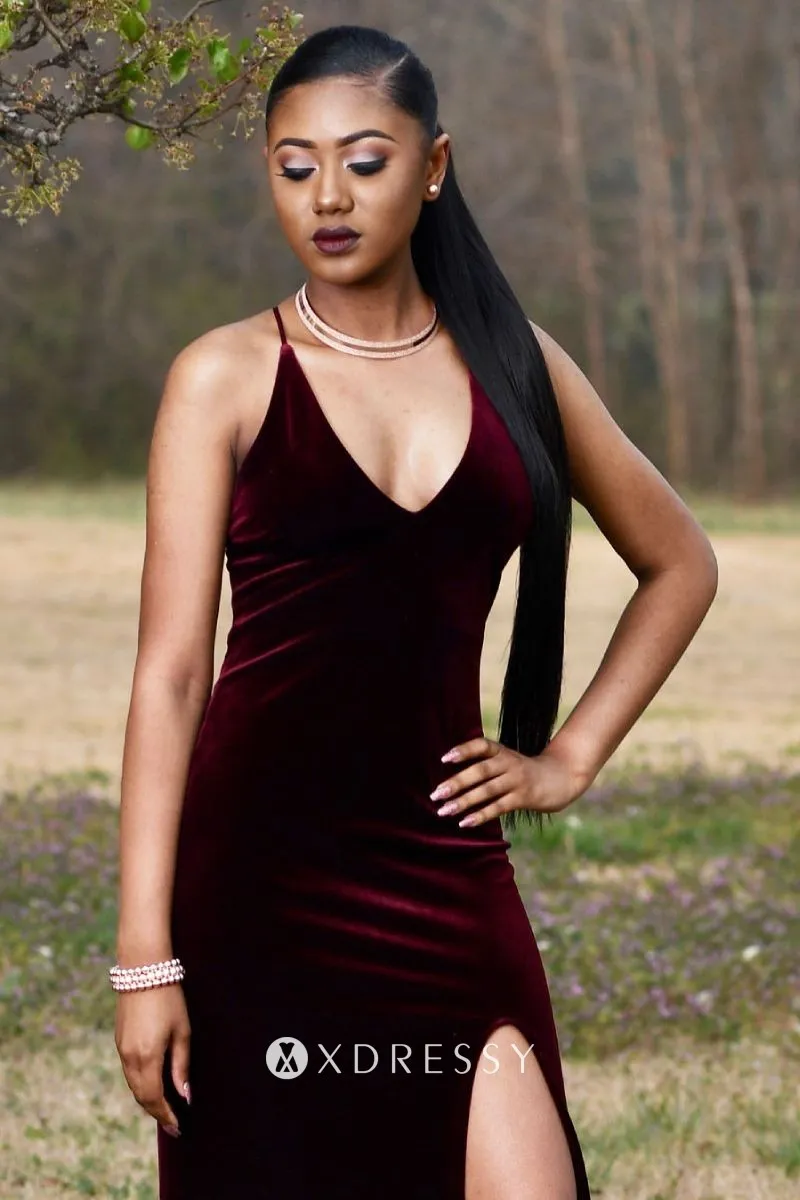 Burgundy Velvet Spaghetti Strap Split 