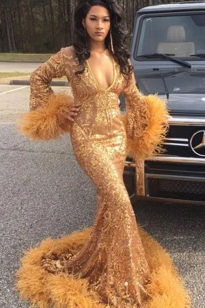 gold sequin feather hem long sleeve prom dress