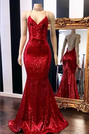 red sequin V neck trumpet floor length formal gown
