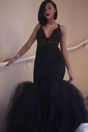 beaded black lace tulle trumpet sexy prom dress