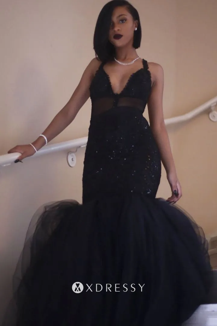 beaded black lace tulle trumpet sexy prom dress