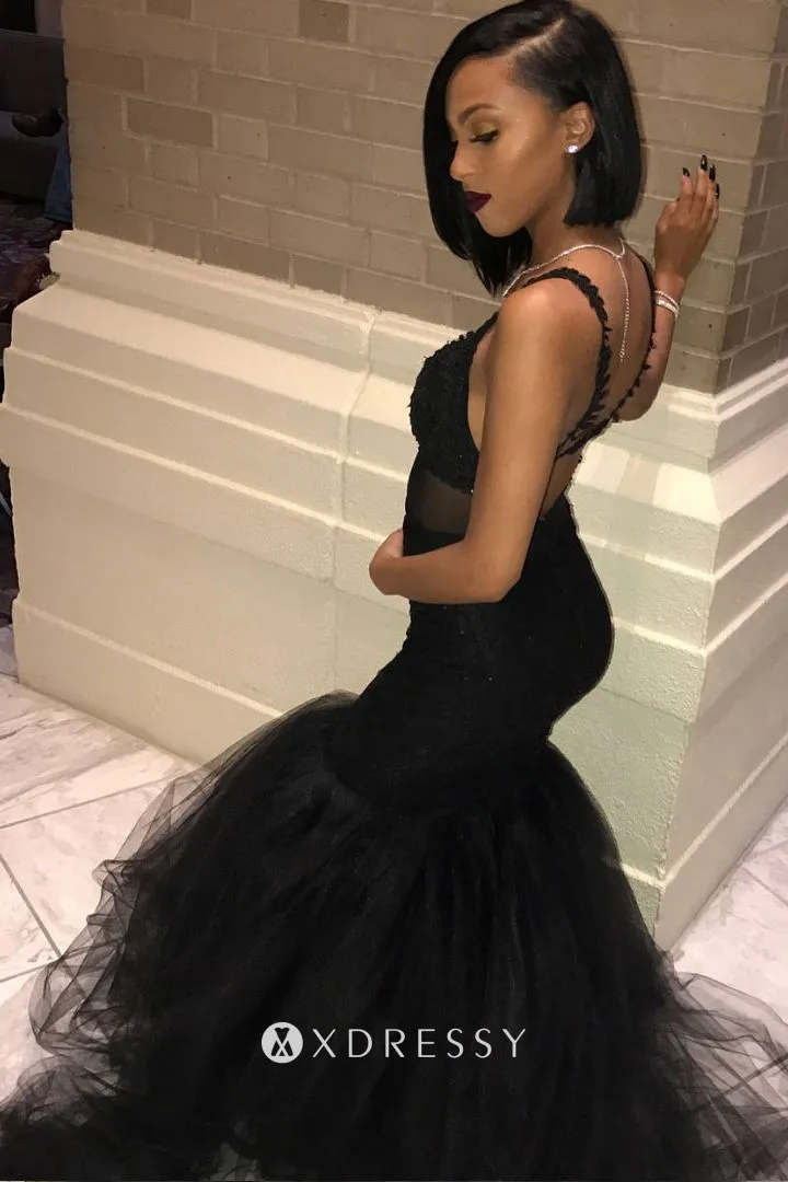 sleeveless black lace tulle trumpet sexy prom dress