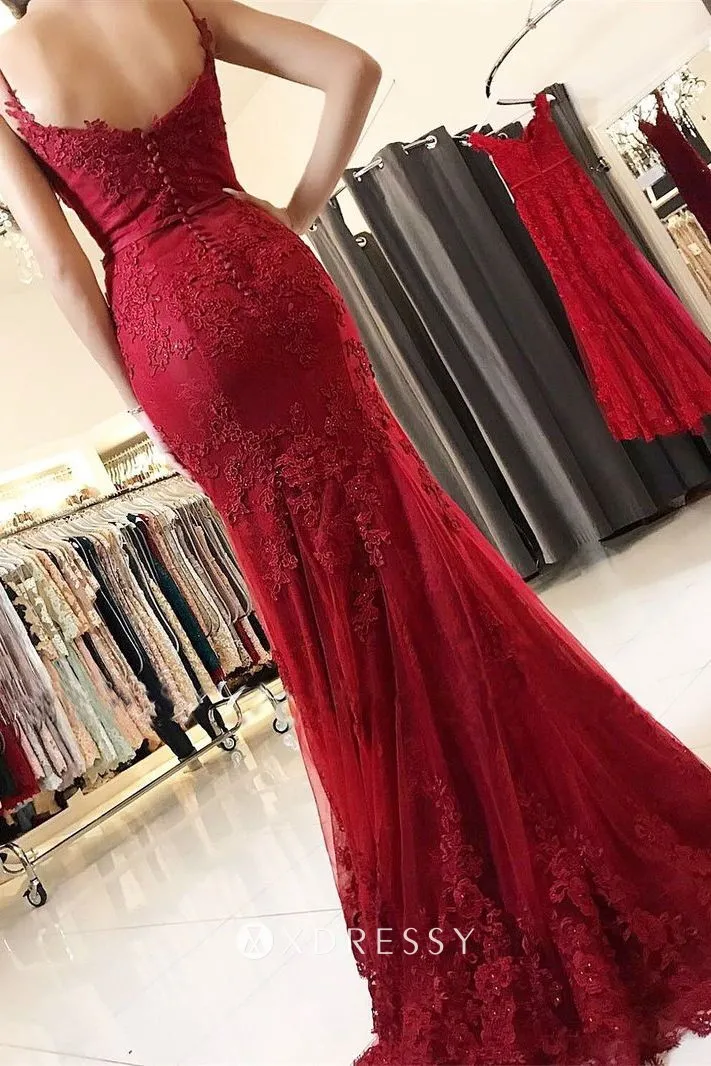 Spaghetti Straps Ruby Lace Tulle Mermaid Prom Gown - Xdressy