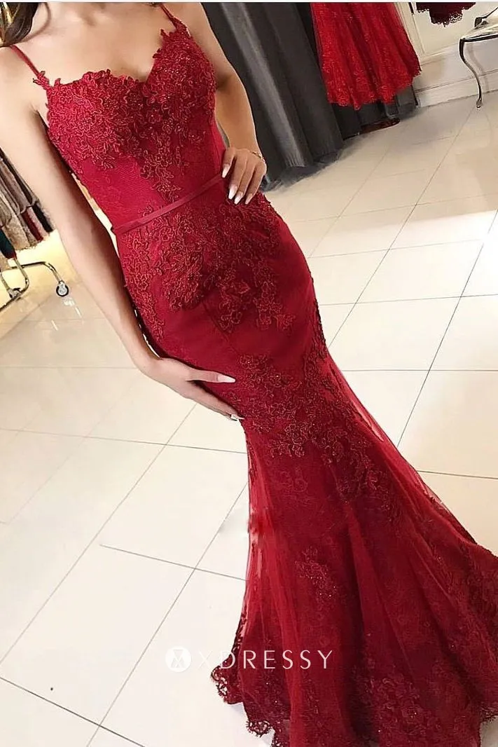 spaghetti straps ruby lace tulle mermaid prom gown spaghetti straps ruby lace tulle mermaid prom gown