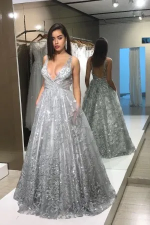 plunging neck grey sequin tulle sexy formal dress