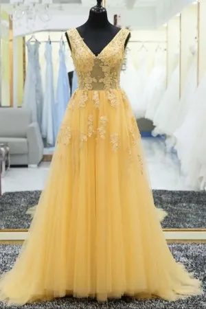 V neck illusion yellow lace and tulle prom dress