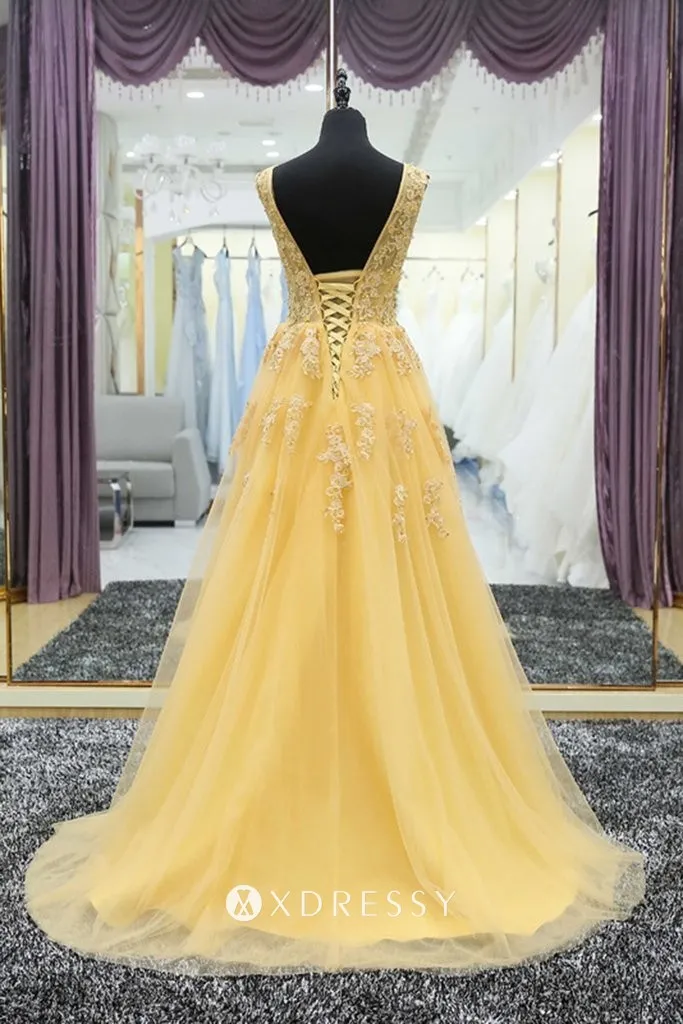 lace up V back illusion yellow lace and tulle prom dress lace up V back illusion yellow lace and tulle prom dress