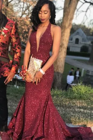 Gold Sequin Halter V Neck Long Train Prom Dress - Xdressy