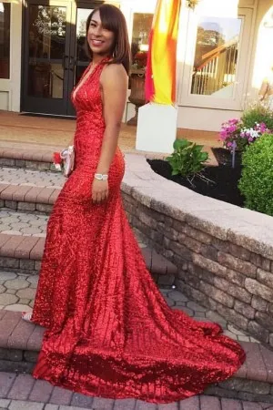 red sequin halter V neck long train prom dress