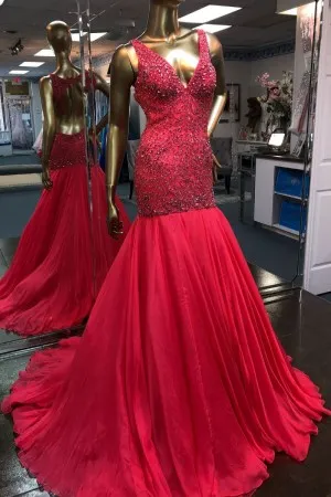 beaded ruby red drop waist mermaid pageant gown