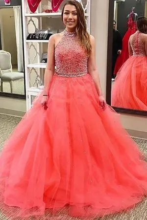 high neck beading coral tulle Quinceanera ball gown