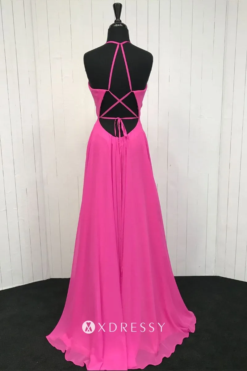 backless with straps hot pink prom dress