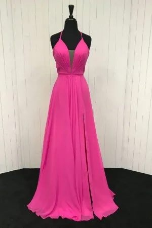 hot pink plunging neck split backless prom dress