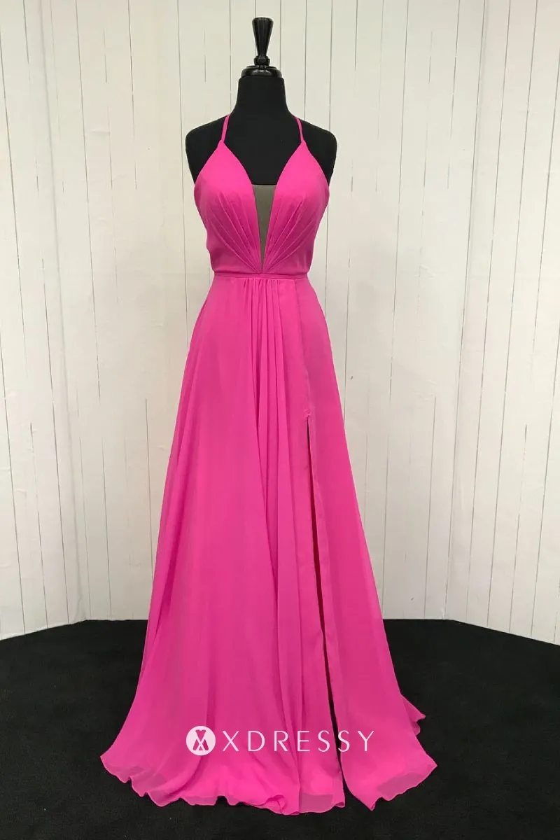 hot pink plunging neck split backless prom dress