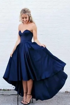 strapless sweetheart high low navy blue satin prom dress