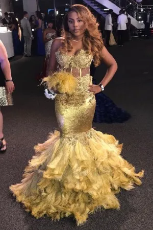 beaded illusion lace feather trumpet prom dress