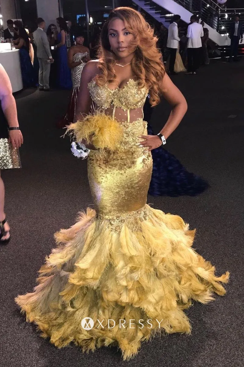 beaded illusion lace feather trumpet prom dress beaded illusion lace feather trumpet prom dress