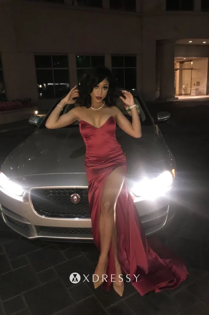 thigh high slit strapless V neck scarlet red long prom dress
