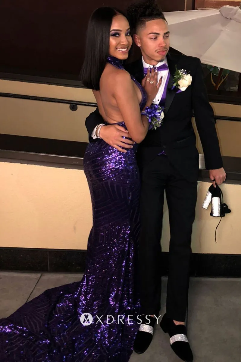 backless grape sequin halter mermaid prom dress backless grape sequin halter mermaid prom dress