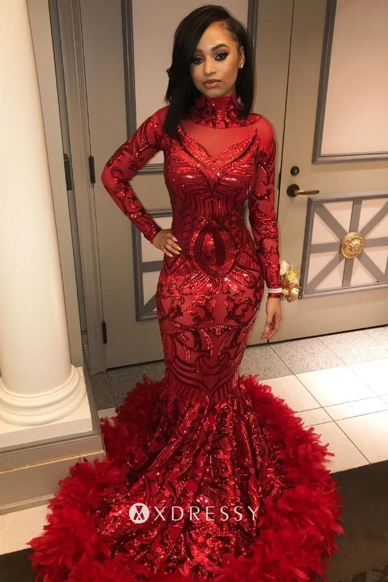 Sparkly red sequin and feather African American prom dress