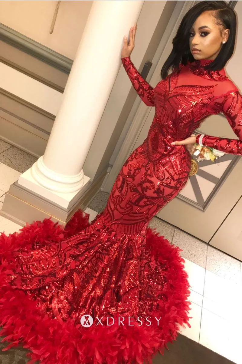 Sparkly red sequin and feather mermaid long sleeve prom dress