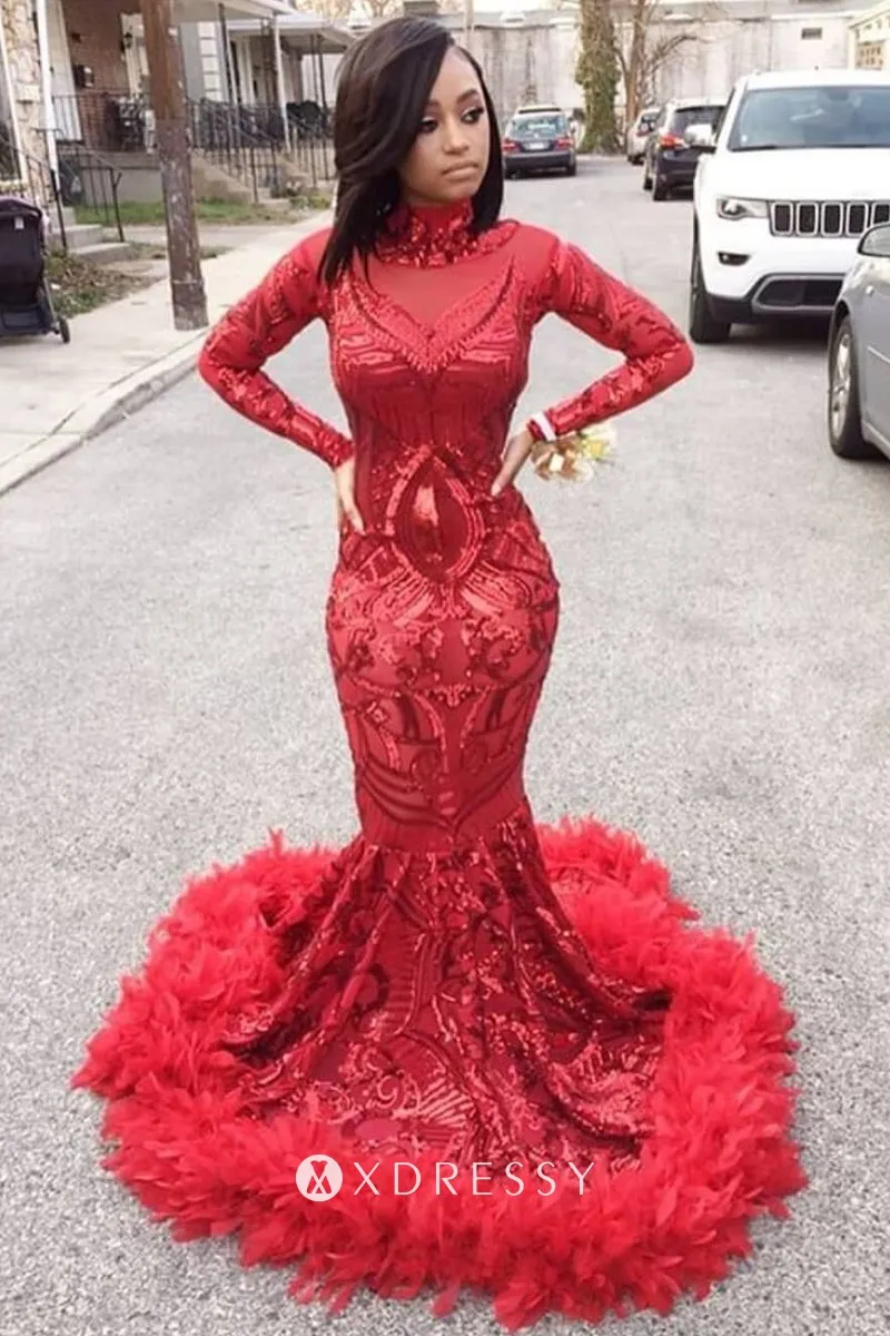 red sequin and feather mermaid long prom dress with long train