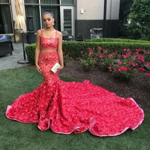 two piece red sequin 3D rose long train prom dress