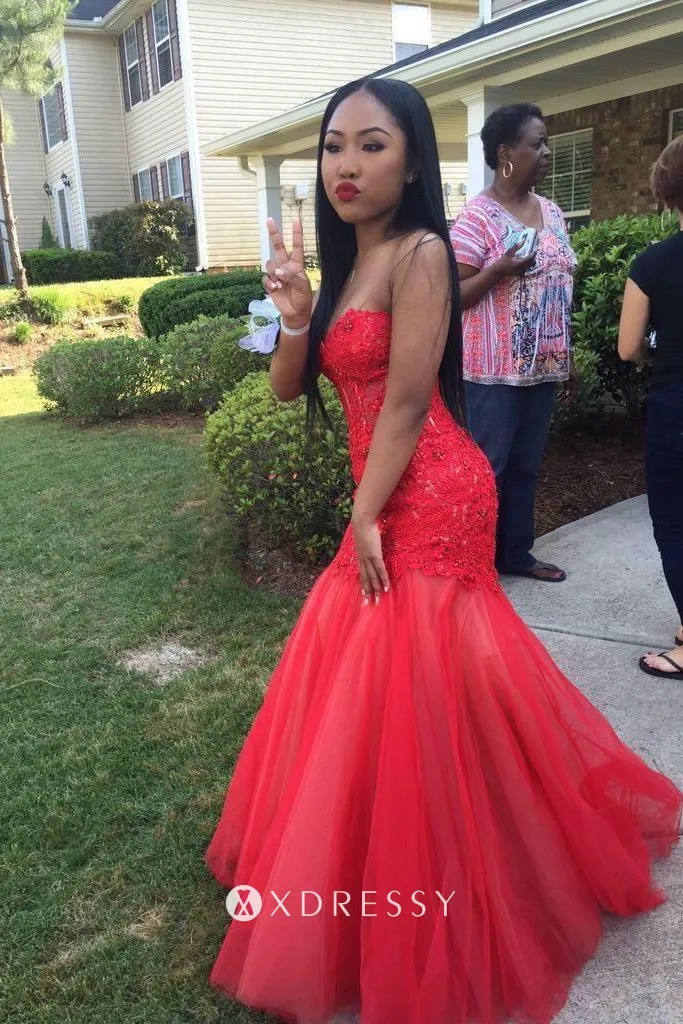 strapless sweetheart red lace and tulle prom dress