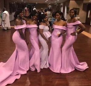 off shoulder pink long train bridesmaid dresses