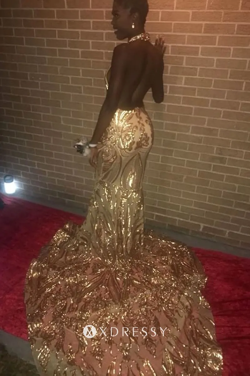 backless gold sequin halter V neck long train prom dress