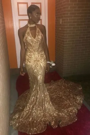 gold sequin halter V neck long train prom dress