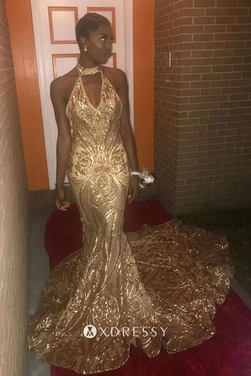 gold sequin halter V neck long train prom dress