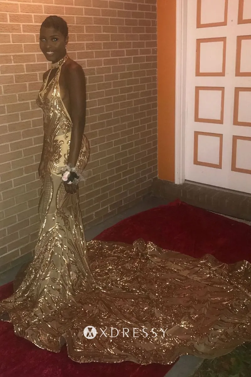 sleeveless gold sequin halter V neck long train prom dress