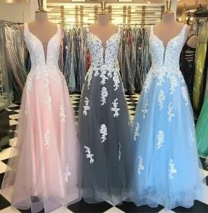 white lace appliqued tulle A line prom dresses