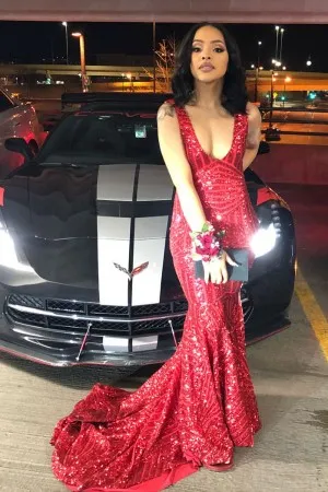 crimson sequin plunging V neck mermaid prom dress
