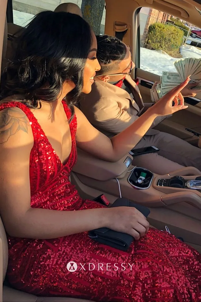 crimson sequin sleeveless plunging V neck mermaid prom dress crimson sequin sleeveless plunging V neck mermaid prom dress
