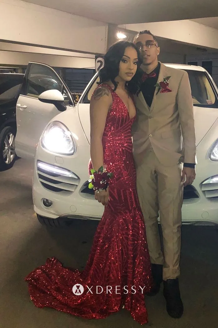 red sequin plunging V neck mermaid prom dress red sequin plunging V neck mermaid prom dress