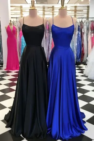 black blue satin scoop neck backless prom dress