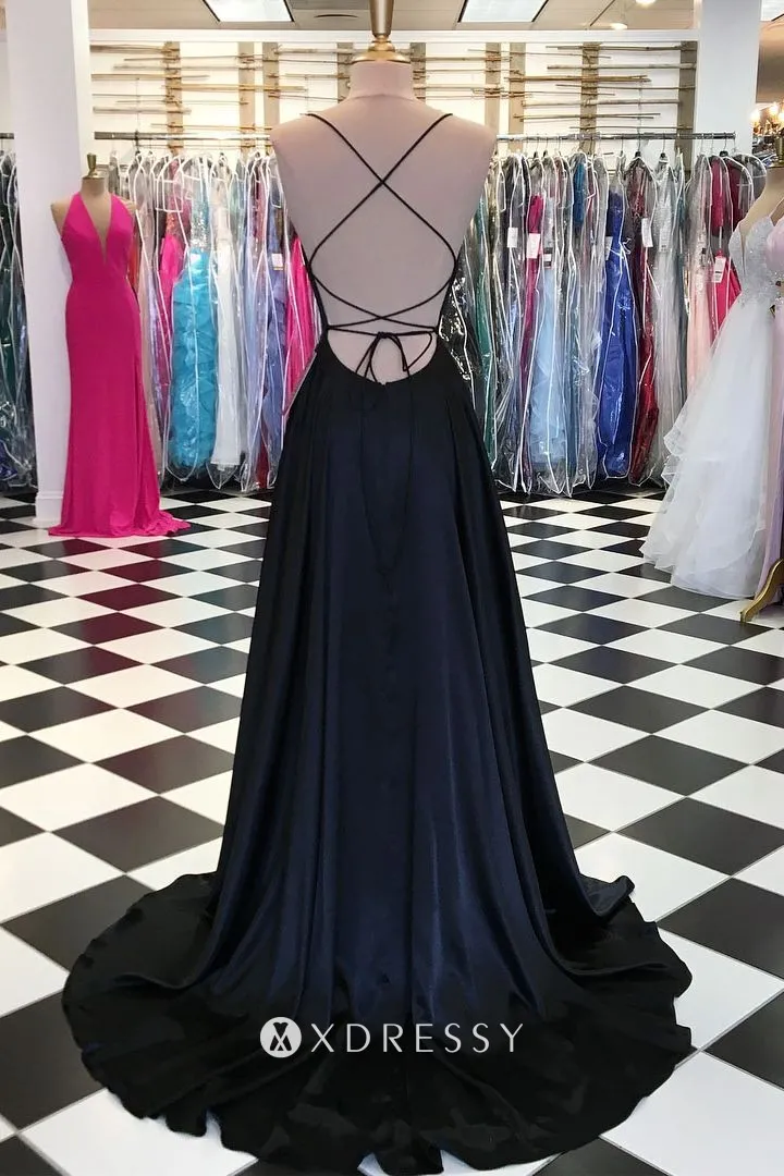 black satin scoop neck backless prom dress