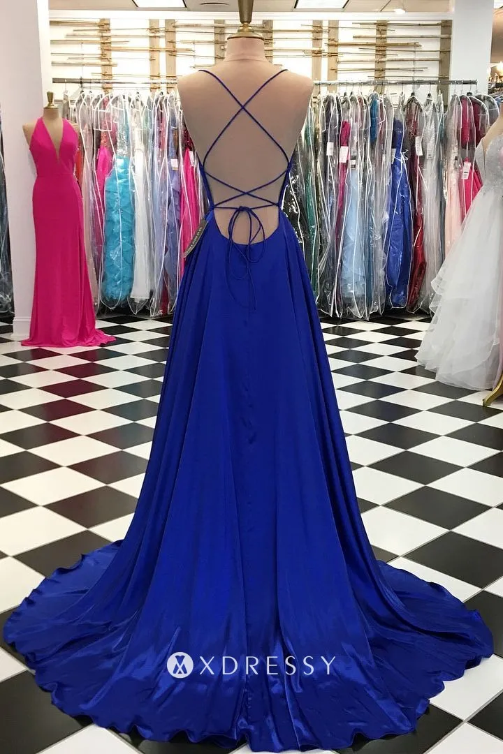 royal blue satin scoop neck backless prom dress