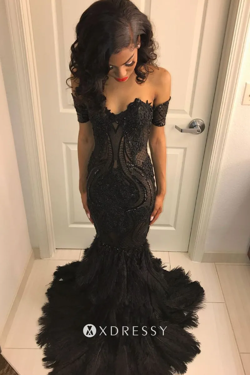 off the shoulder sweetheart black sequin feather unique prom gown off the shoulder sweetheart black sequin feather unique prom gown