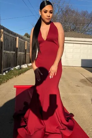 halter V neck dark red satin mermaid long prom dress