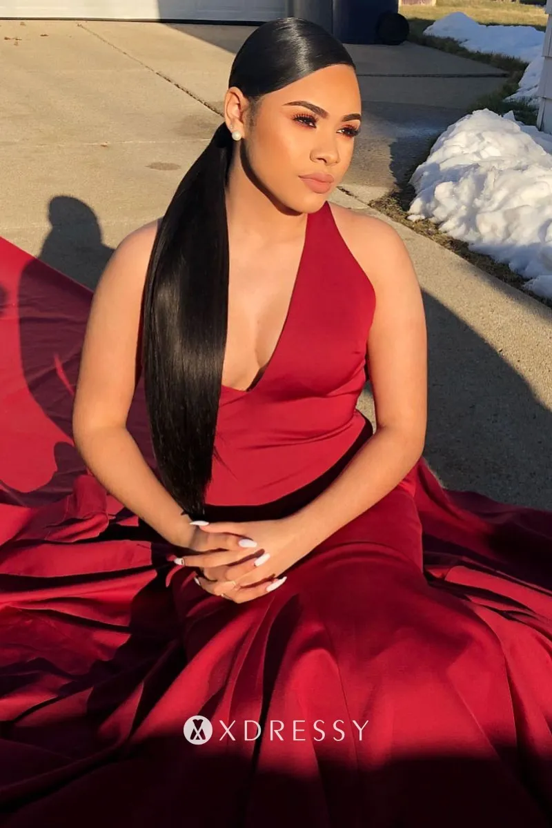 sleeveless dark red satin mermaid long prom dress