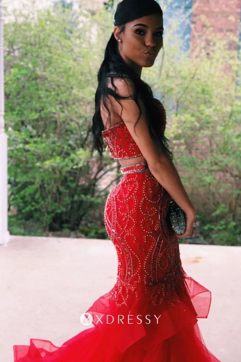 strapless sweetheart trumpet red two piece prom dress