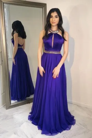 beaded halter neck blue chiffon satin prom dress