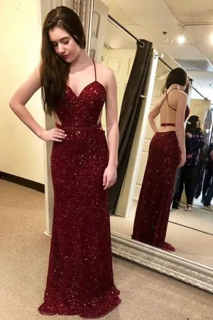 backless burgundy sequin fit and flare prom dress