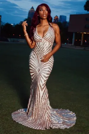 deep V neck striped gold sequin mermaid prom dress