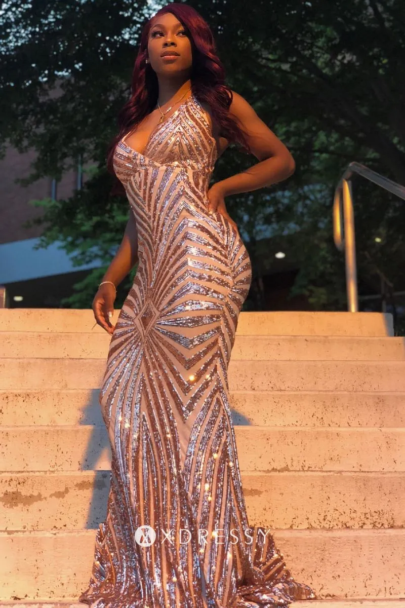 Halter V Neck Rose Gold Sequin Mermaid Prom Dress - Xdressy