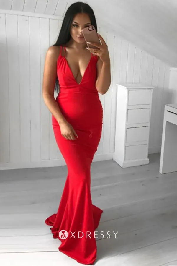 plunging V neck red chiffon mermaid long prom gown plunging V neck red chiffon mermaid long prom gown