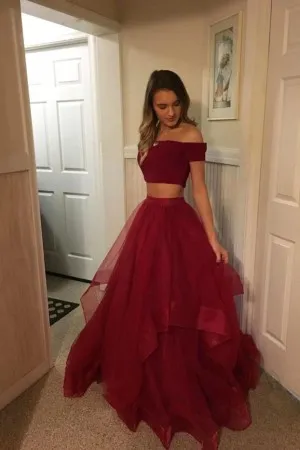 off the shoulder two piece burgundy formal dress